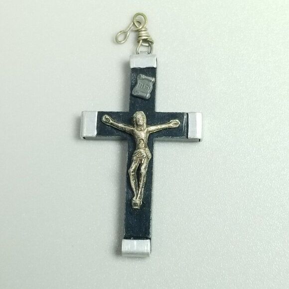 Vintage Black and Silver Tone Crucifix Cross Pendant, INRI, 1 1/2 Inch Long - Picture 9 of 9